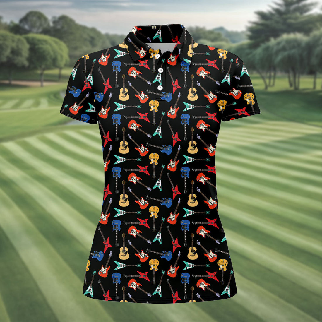 Electric Guitar Pattern Black Golf Shirt, Women’s Golf Polo, Golf Shirts For Women, Printed Golf Shirt