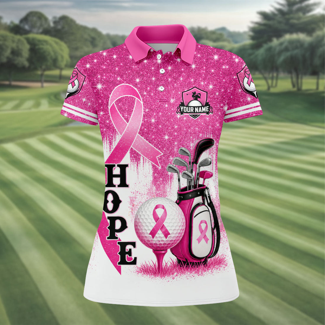 Custom Male Golfer Hope Breast Cancer Polo Shirt, Women’s Golf Apparel, Ladies Golf Top