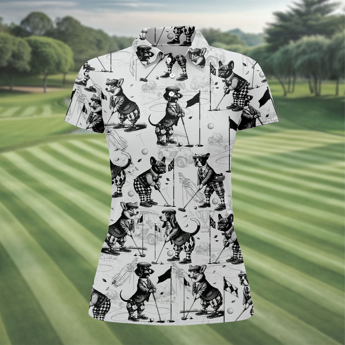 Vintage Golfing Dogs Pattern Golf Polo Shirt, Women’s Golf Polo, Golf Tops For Women
