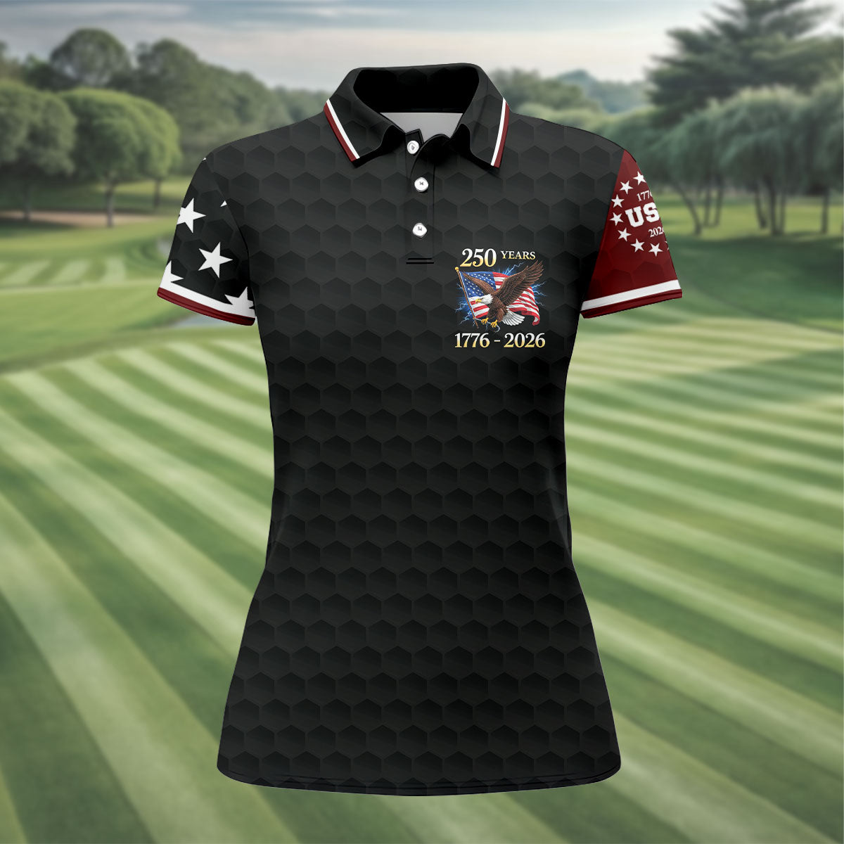 250 Years Bald Eagle US Flag Golf Shirt, Patriotic 4th Of July Golf Ball Pattern Golf Shirt For Women