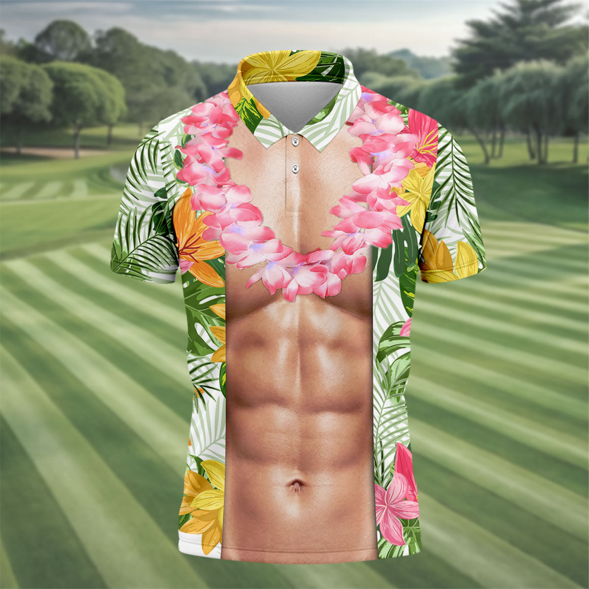 Light Skin Tropical Muscle Chest Hawaiian Golf Polo Shirt, Hawaiian Golf Shirt, Men's Golf Shirt