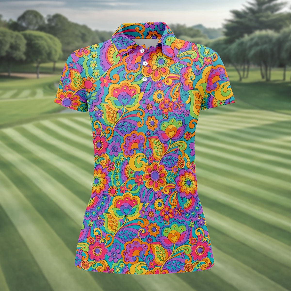 Vintage Psychedelic Floral Pattern Hawaiian Golf Shirt, Women’s Golf Tops, Golf Shirts For Women