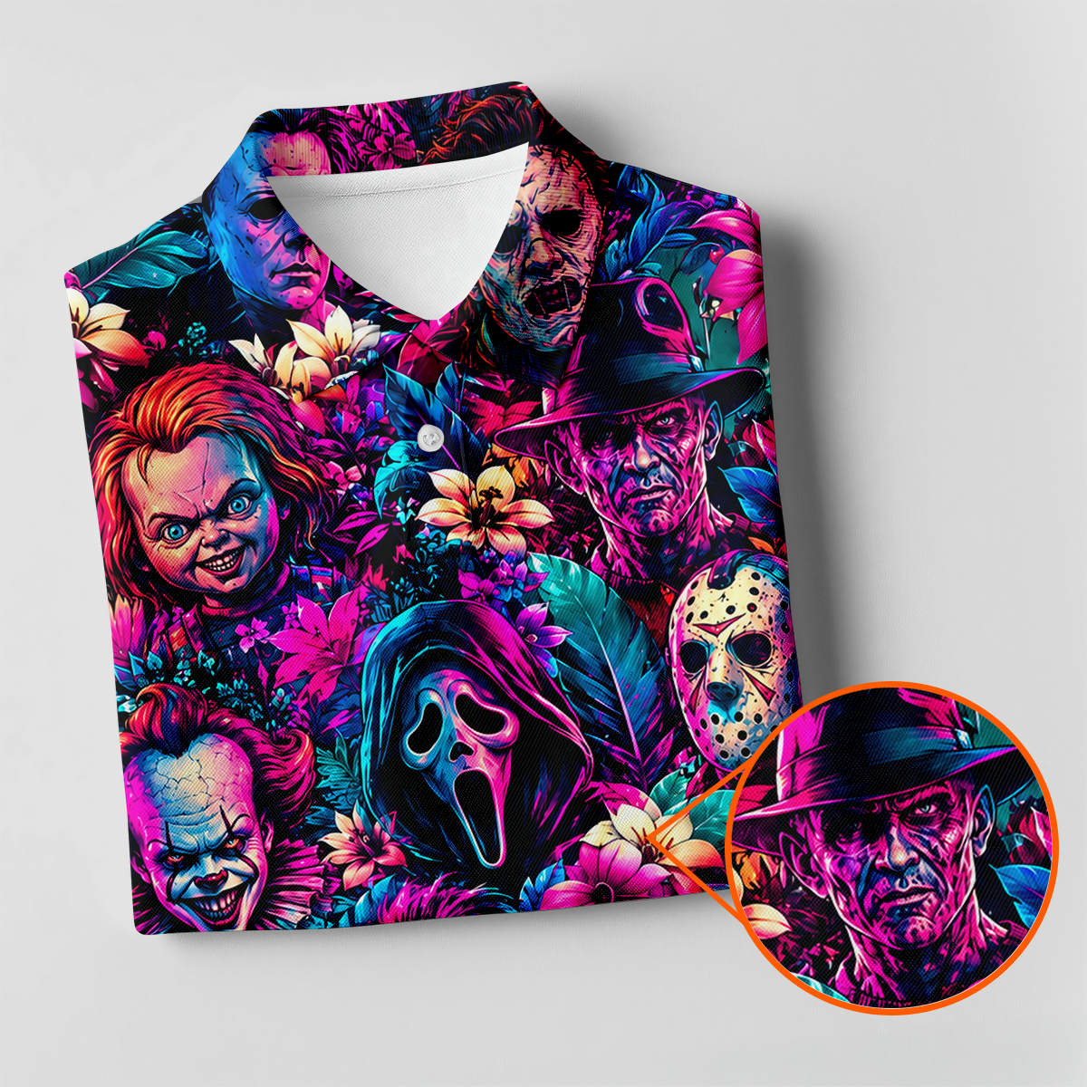 Neon Floral Horror Character Halloween Golf Shirt, Golf Shirts For Women, Women's Golf Apparel