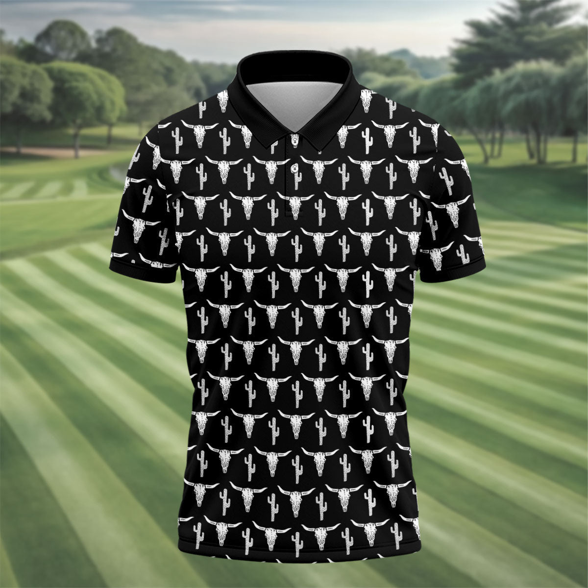 Longhorn Cow Skull Western Theme Black Golf Tops For Men, Polo Shirts For Men, Golf Shirts For Men