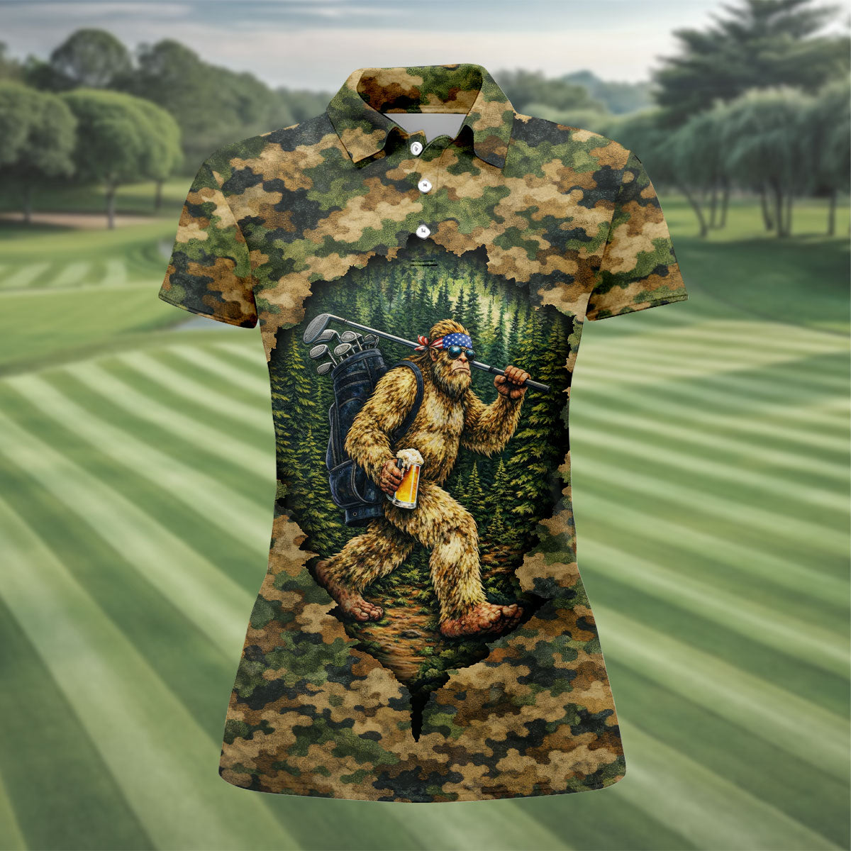 Camo Bigfoot Golfer Drinking Beer Polo Shirt, Golf Shirts For Women, Women’s Golf Apparel