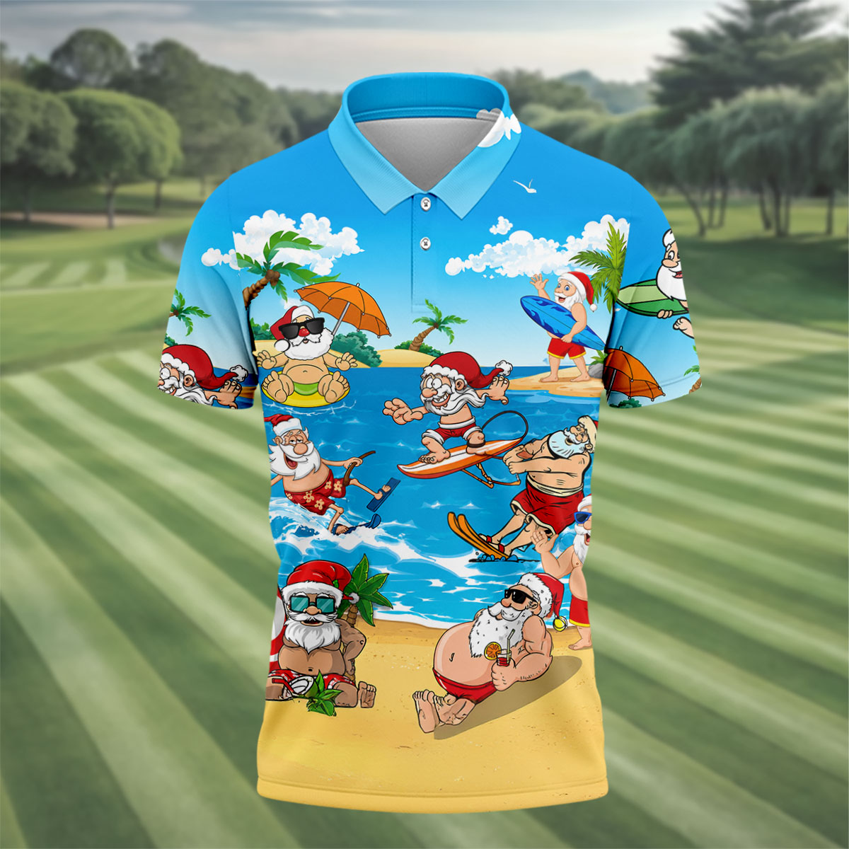 Santa Claus Surfing Summer Beach Party Golf Shirt, Xmas In July Mens Golf Polo, Christmas Golf Shirts