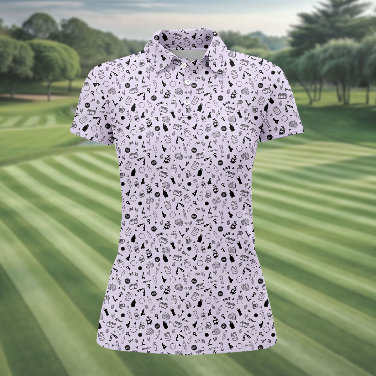 Light Purple Beer Brewing Icons Pattern Polo Shirt, Women’s Golf Apparel, Performance Golf Shirt
