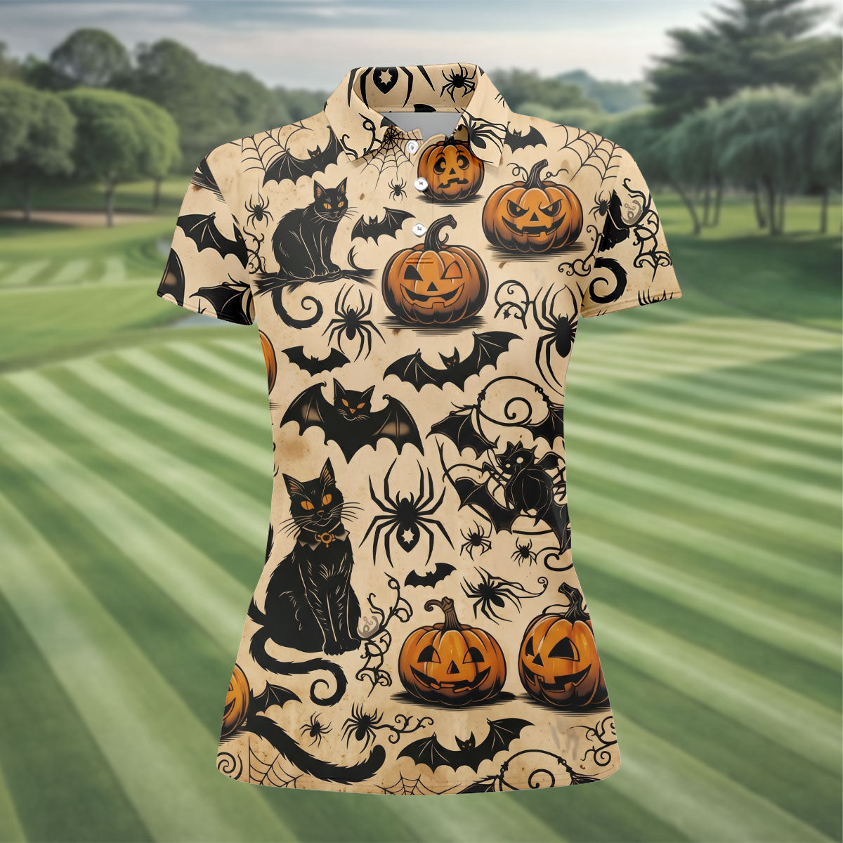 Vintage Halloween Cat Pumpkin Pattern Golf Polo Shirt, Womens Golf Polo, Ladies Golf Shirts