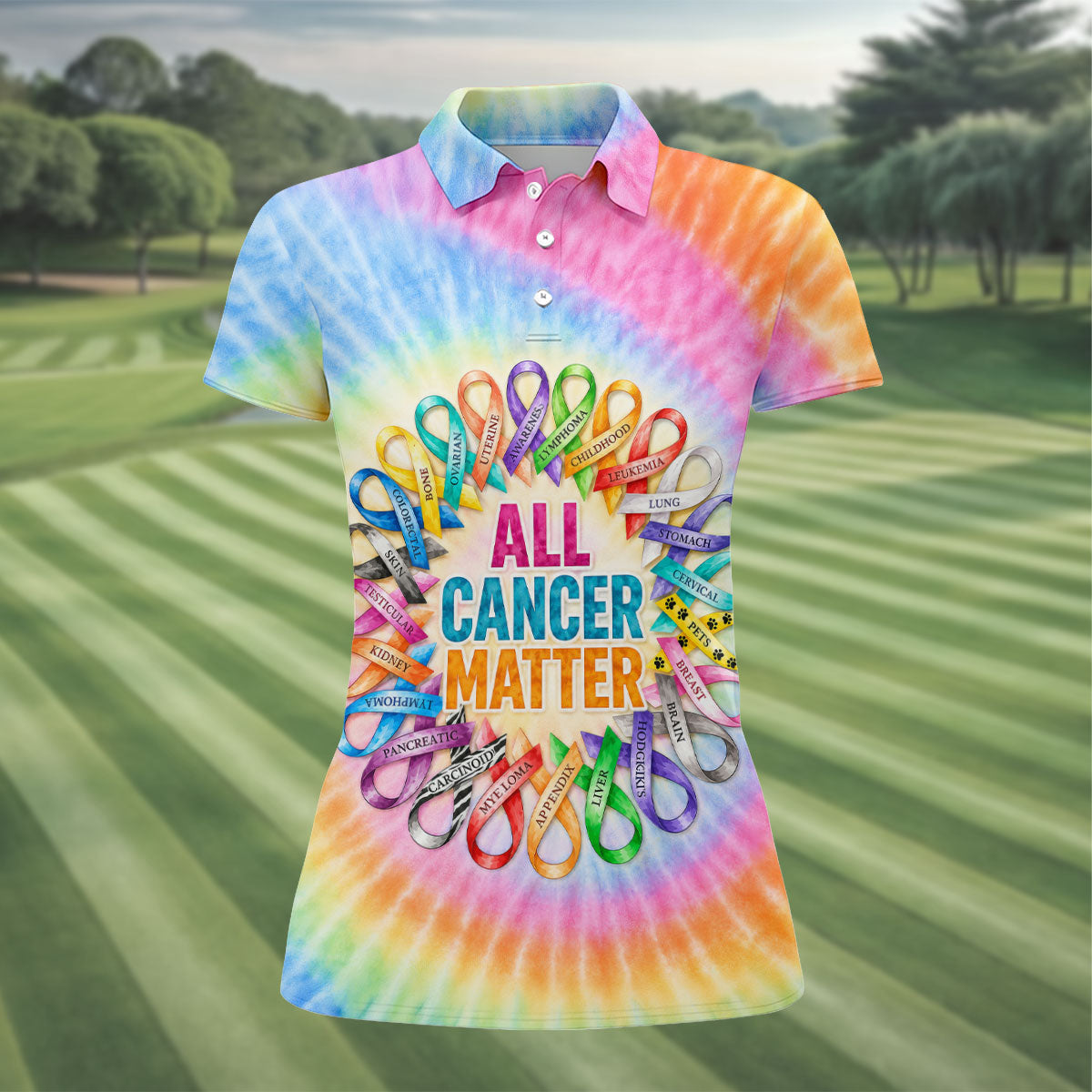 All Cancer Matter Colorful Ribbon Polo Shirt, Ladies Golf Tops, Printed Golf Shirt