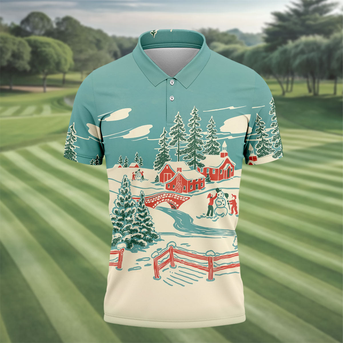 Christmas Winter Village Snowman Golf Polo Shirt, Mens Golf Polo, Golf Apparel For Men