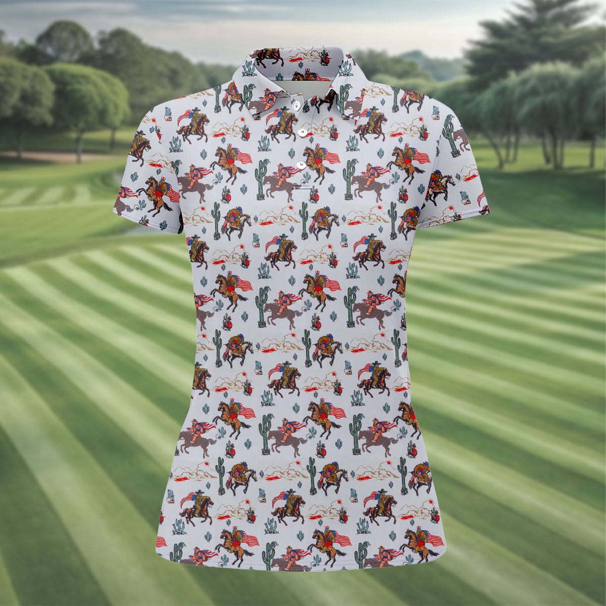Patriotic Cowboy Horse Pattern Golf Polo Shirt, Ladies Golf Shirts, Women's Golf Polo