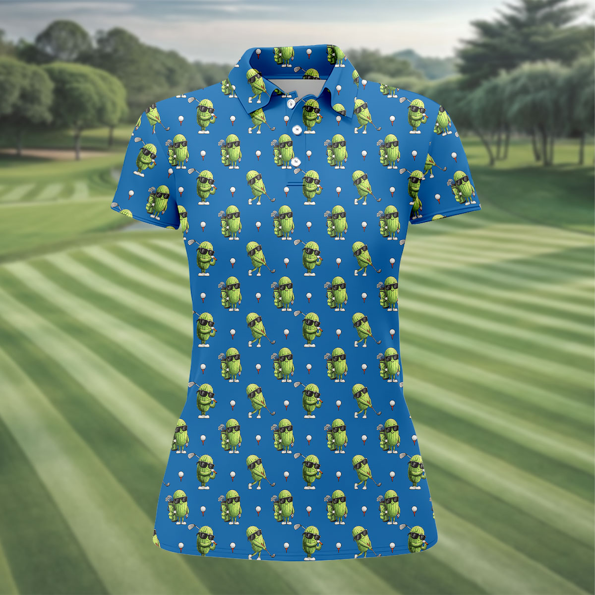 Cartoon Cactus Golfer Blue Golf Shirt, Women’s Golf Polo, Golf Tops For Women, Printed Golf Shirt