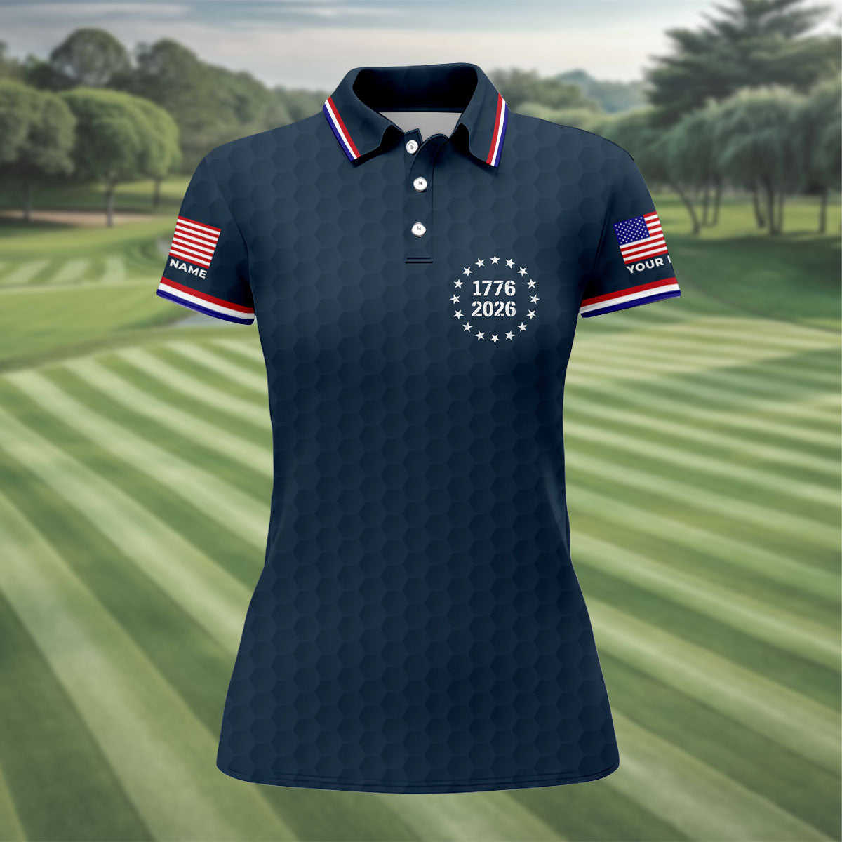 250 Years Quarter Millennnial Golf Ball Pattern Navy Patriotic Golf Shirt, 4th Of July Golf Shirt For Women