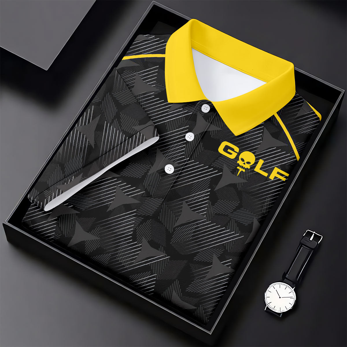 Abstract Triangle Black Yellow Ladies Golf Tops, Golf Shirt For Women, Golfing Apparel