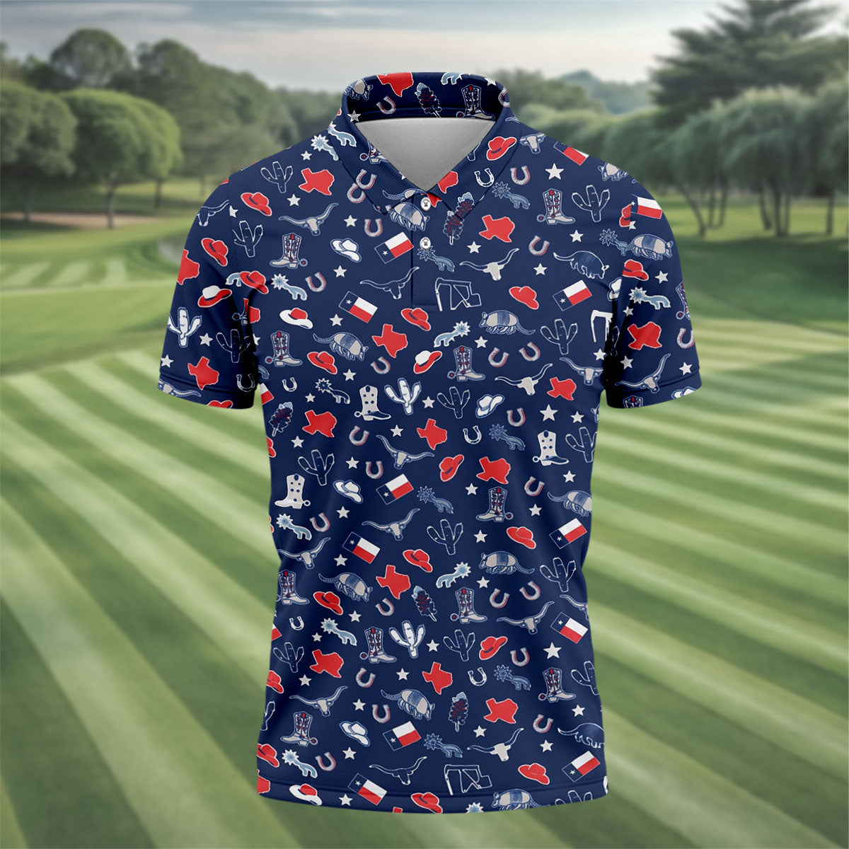 Navy Texas Western Pattern Golf Polo Shirt, Mens Golf Shirts, Hawaiian Golf Shirt
