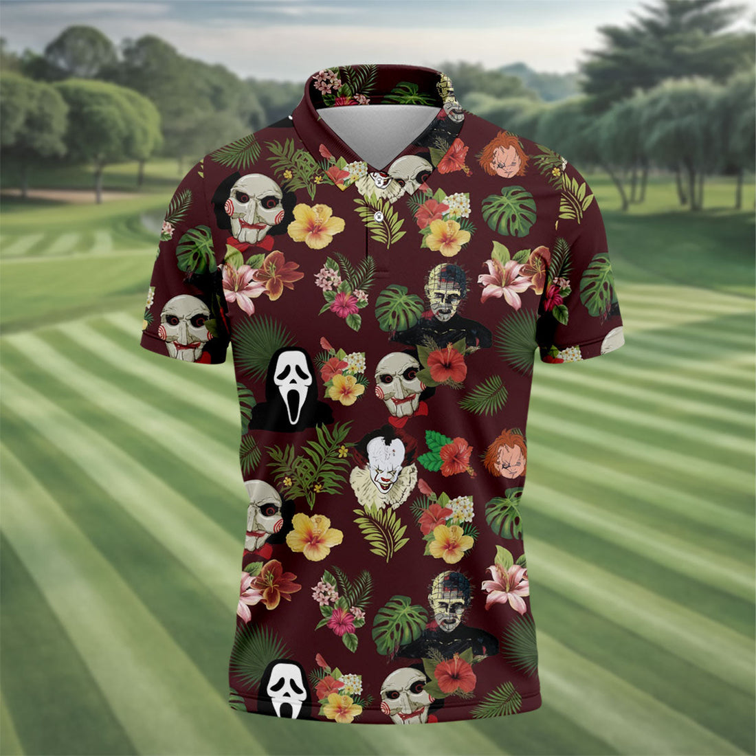 Floral Halloween Horror Character Hawaiian Golf Shirt, Men's Golf Shirt, Golf Polo Shirts For Men