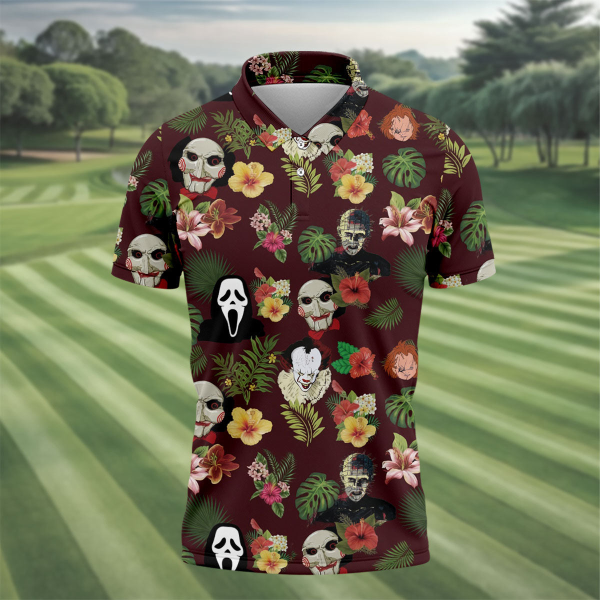 Floral Halloween Horror Character Hawaiian Golf Shirt, Men's Golf Shirt, Golf Polo Shirts For Men