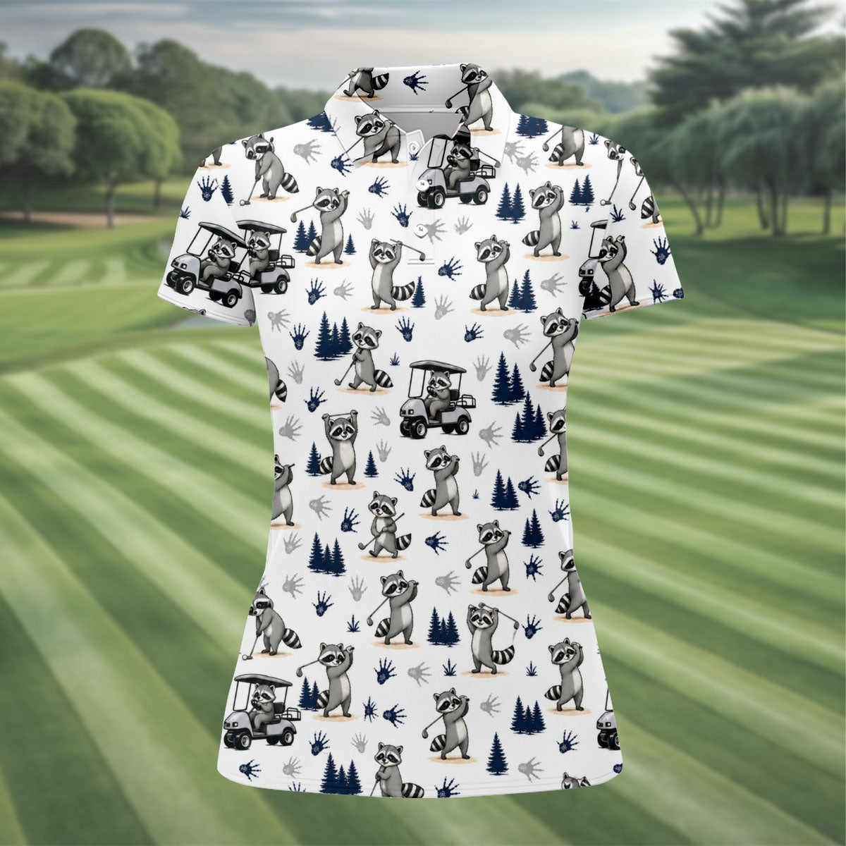 Funny Raccoon Golf Cart Pattern Polo Shirt, Ladies Golf Shirt, Women's Golf Apparel