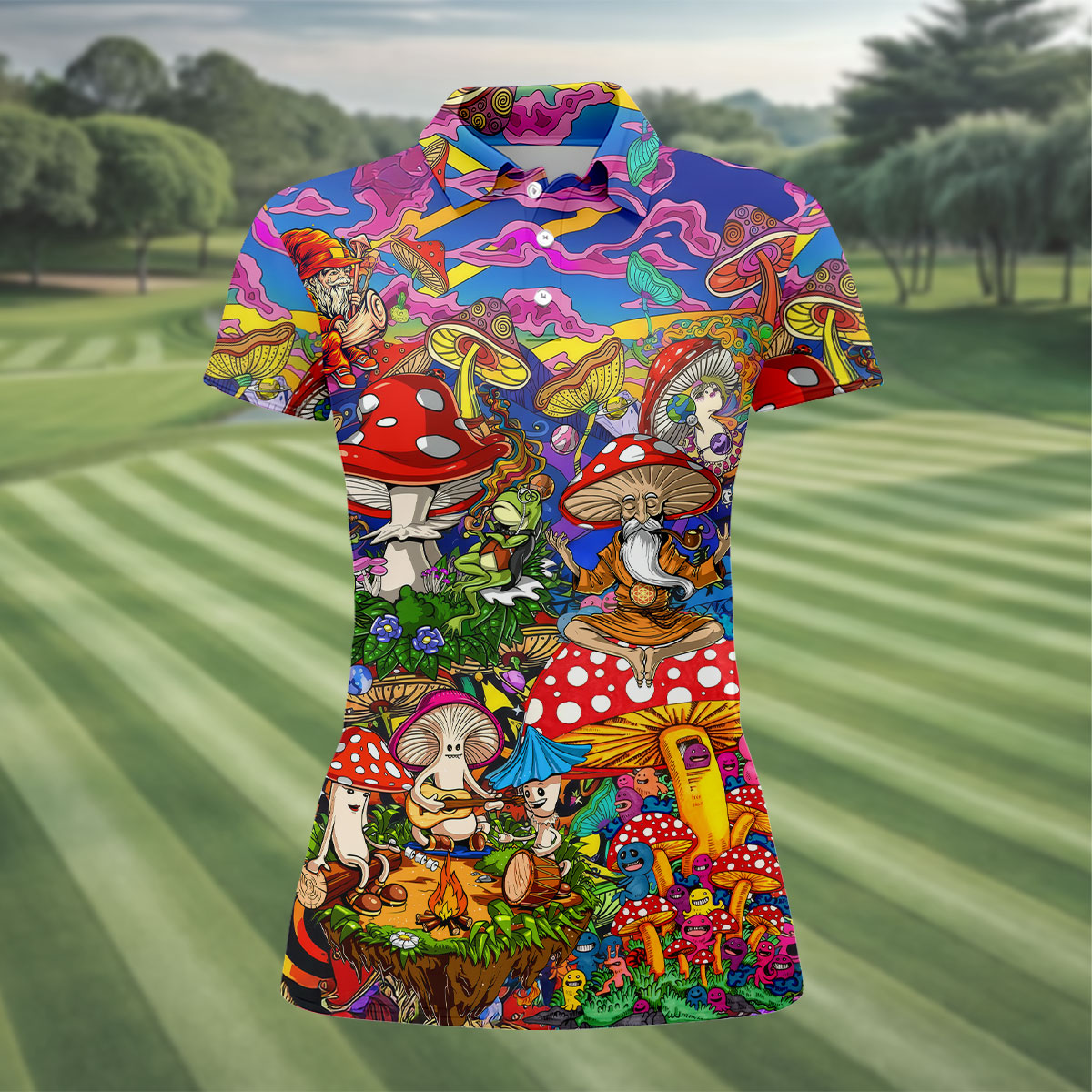 Psychedelic Mushroom Forest Fantasy Golf Polo, Women's Golf Polo, Printed Golf Shirt