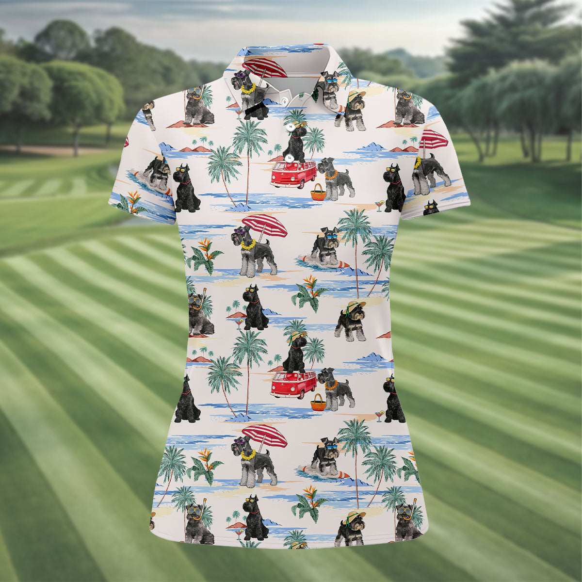 Schnauzer Beach Vacation Tropical Golf Polo Shirt, Golf Shirts For Women, Women’s Golf Apparel