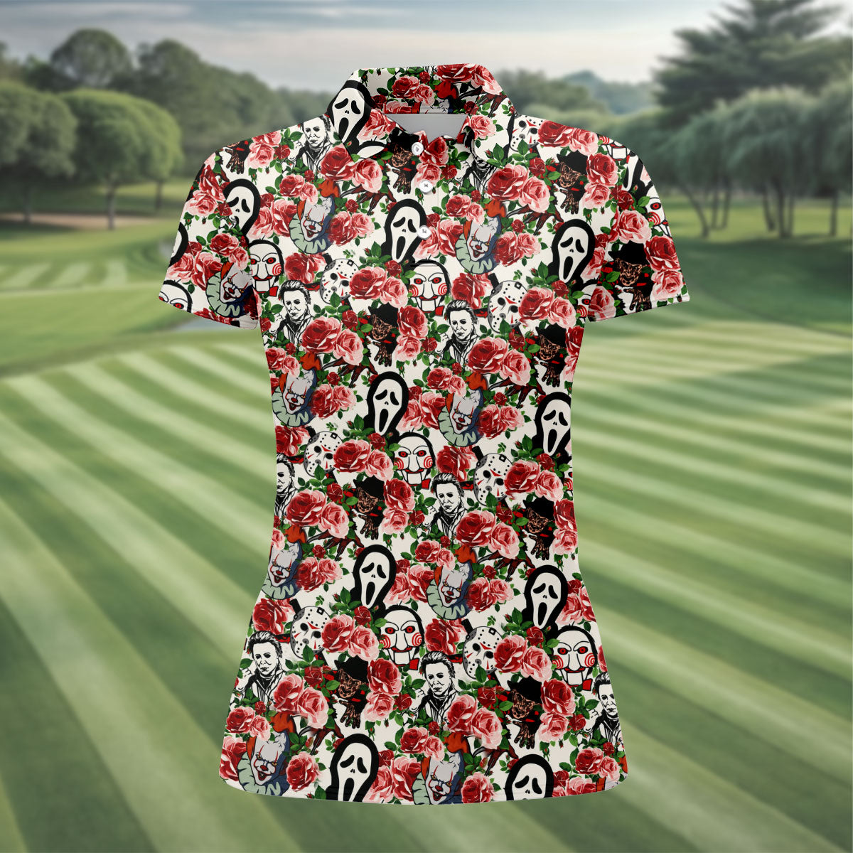 Rose Horror Character Collage Halloween Golf Shirt, Ladies Golf Tops, Women's Golf Apparel