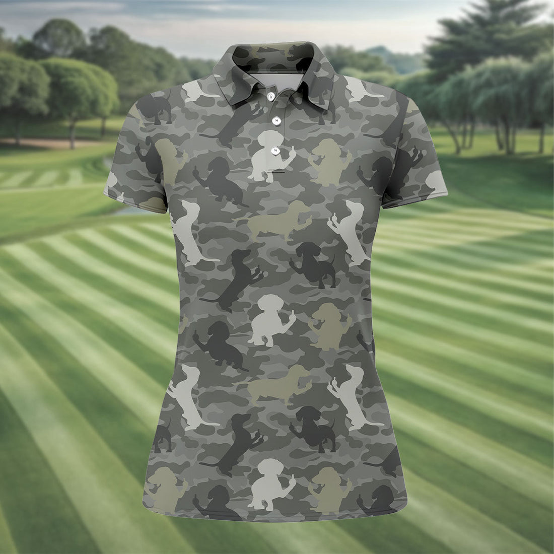Grey Camo Poodle Dog Pattern Womens Golf Shirt, Womens Polo Shirt, Golf Shirt For Women