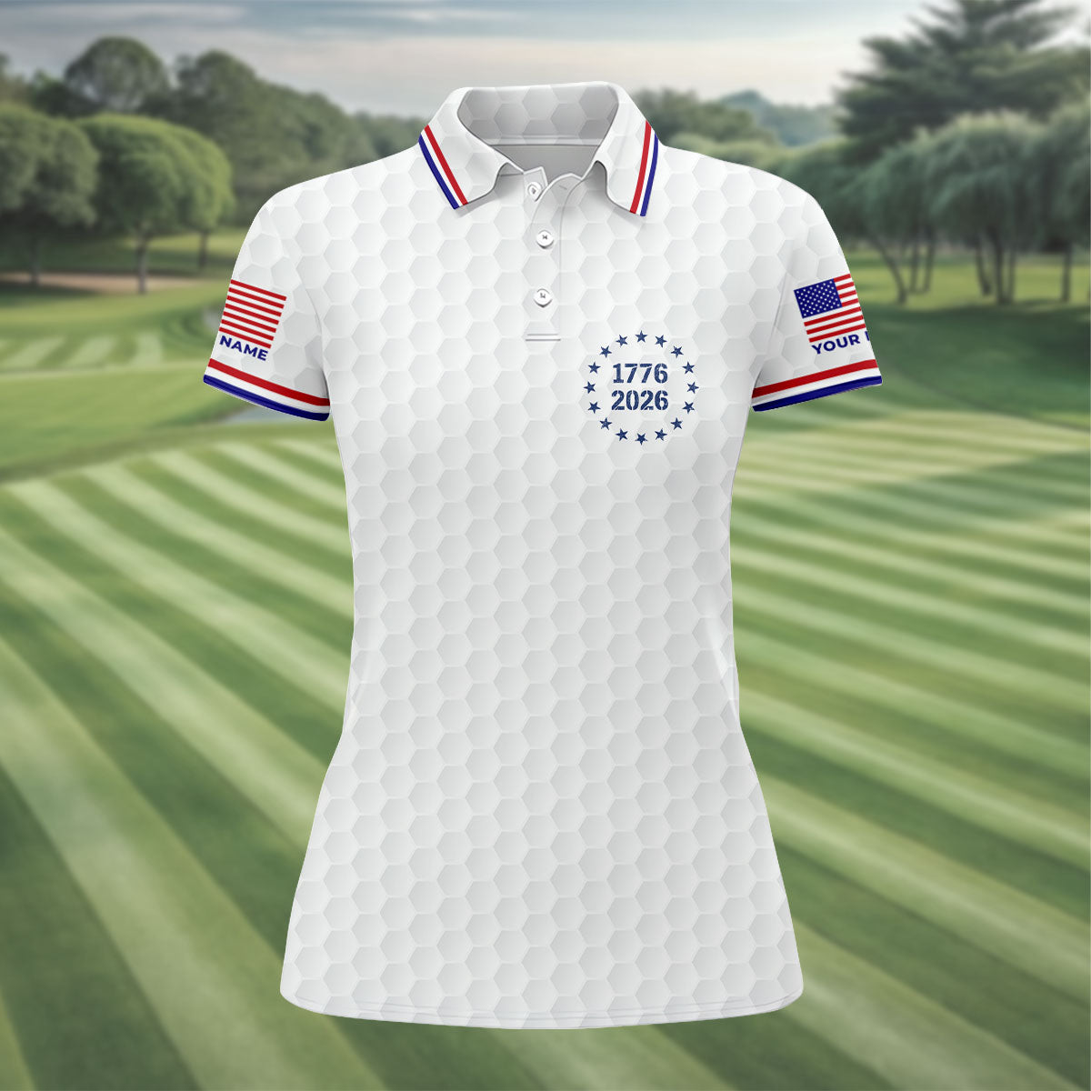 250 Years Quarter Millennnial Golf Ball Pattern White Patriotic Golf Shirt, 4th Of July Golf Shirt For Women