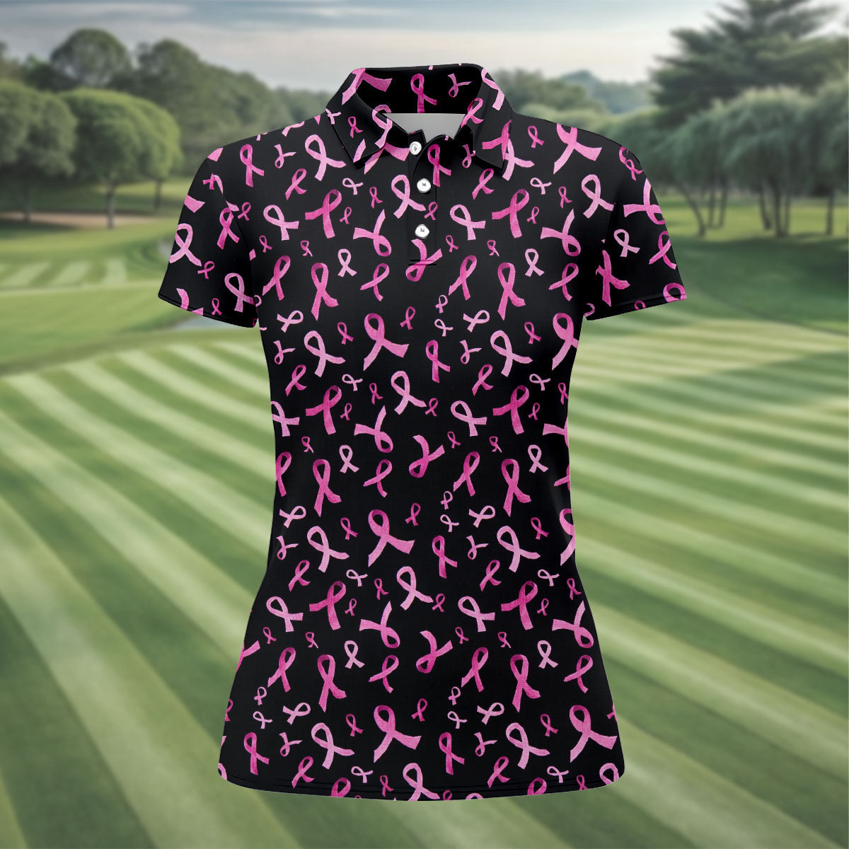 Watercolor Pink Ribbon Breast Cancer Polo Shirt, Golf Tops For Women, Printed Golf Shirt