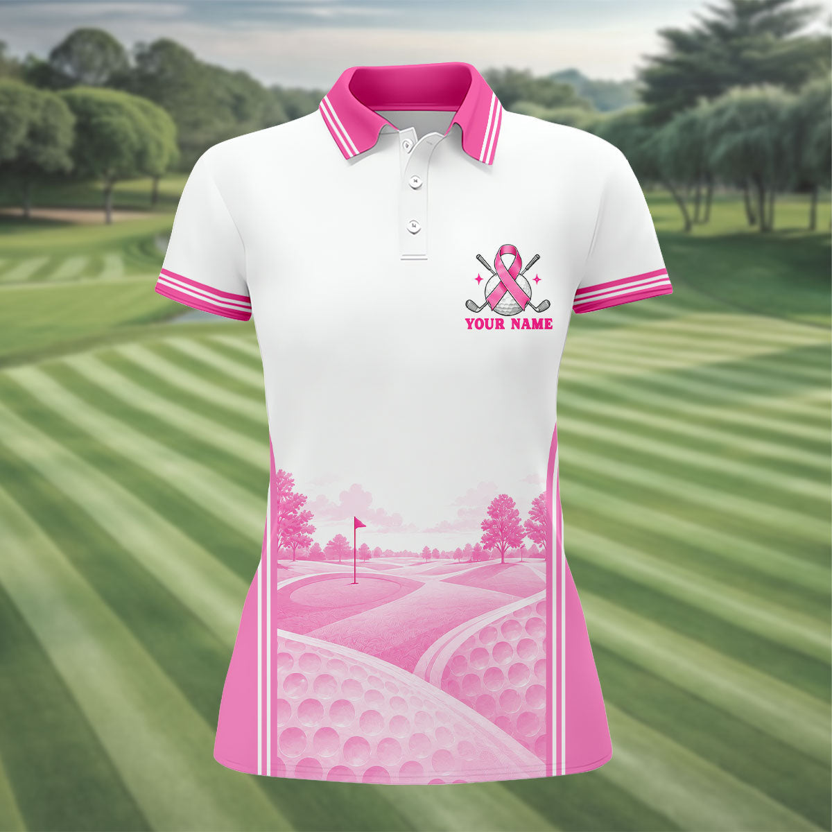 In October We Wear Pink Breast Cancer Polo Shirt, Golf Tops For Women, Ladies Golf Tops