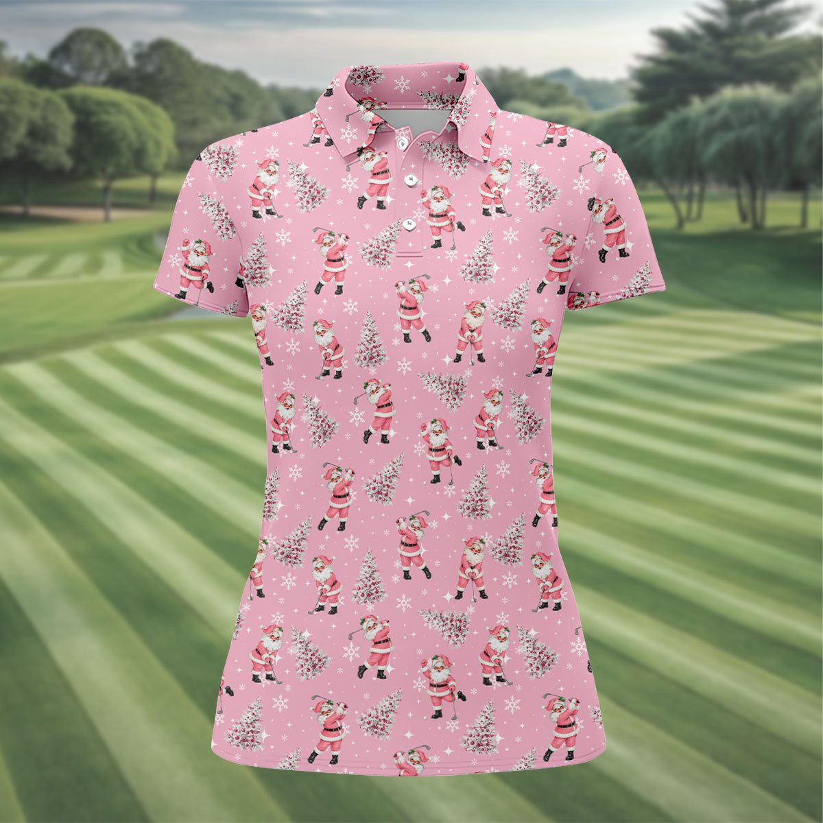 Funny Pink Santa Golfer Christmas Golf Shirt, Golf Shirts For Women, Women's Golf Tops
