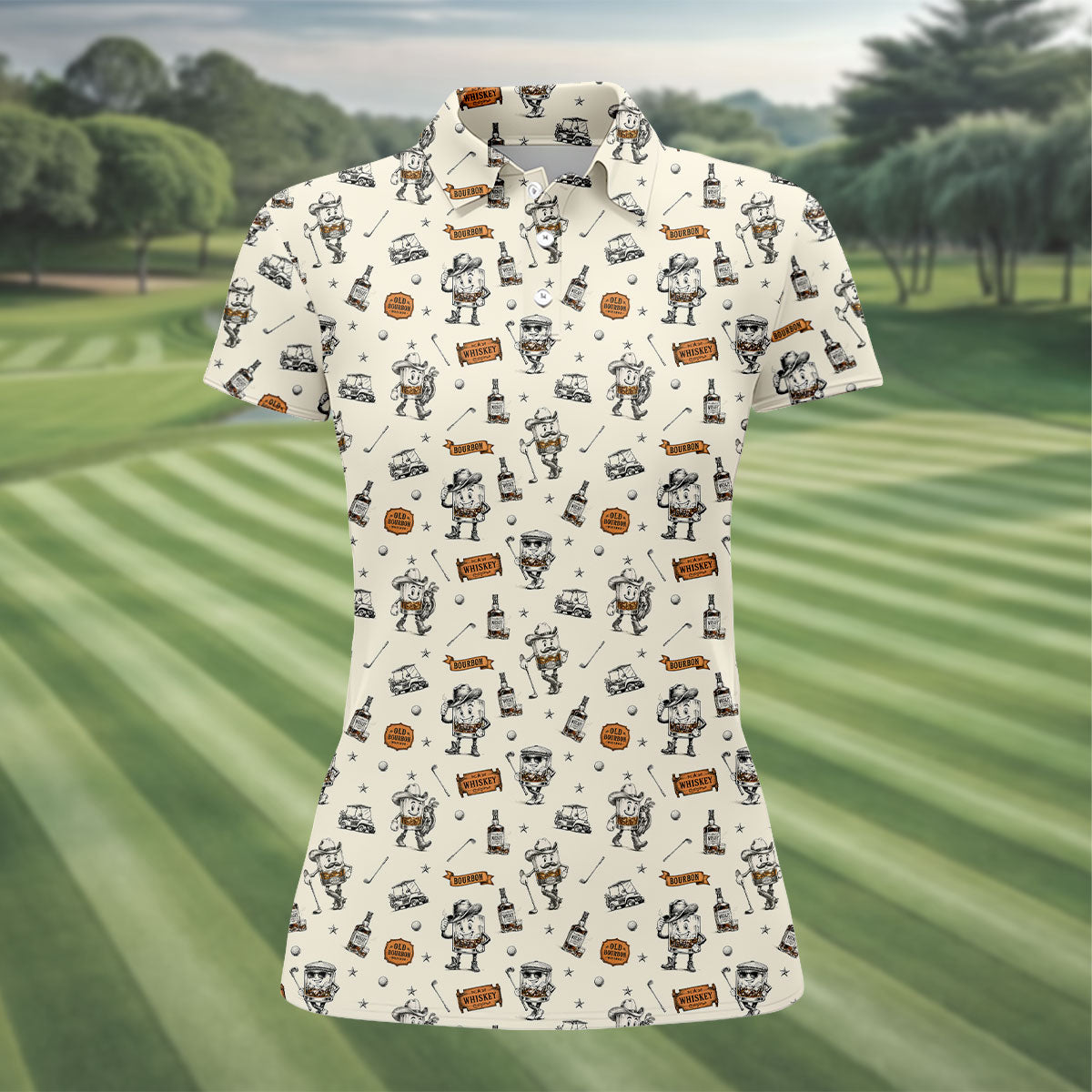 Vintage Bourbon Whiskey Golf Pattern Polo Shirt, Golf Shirts For Women, Women's Golf Apparel