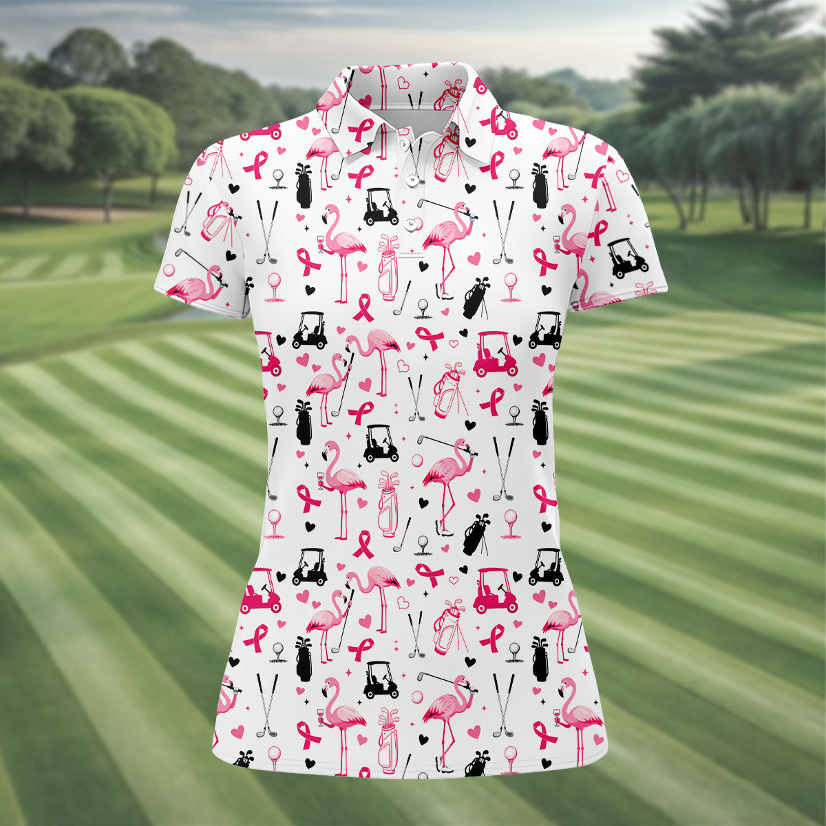 Pink Flamingo Golf Pattern Breast Cancer Polo Shirt, Ladies Golf Top, Women’s Golf Polo