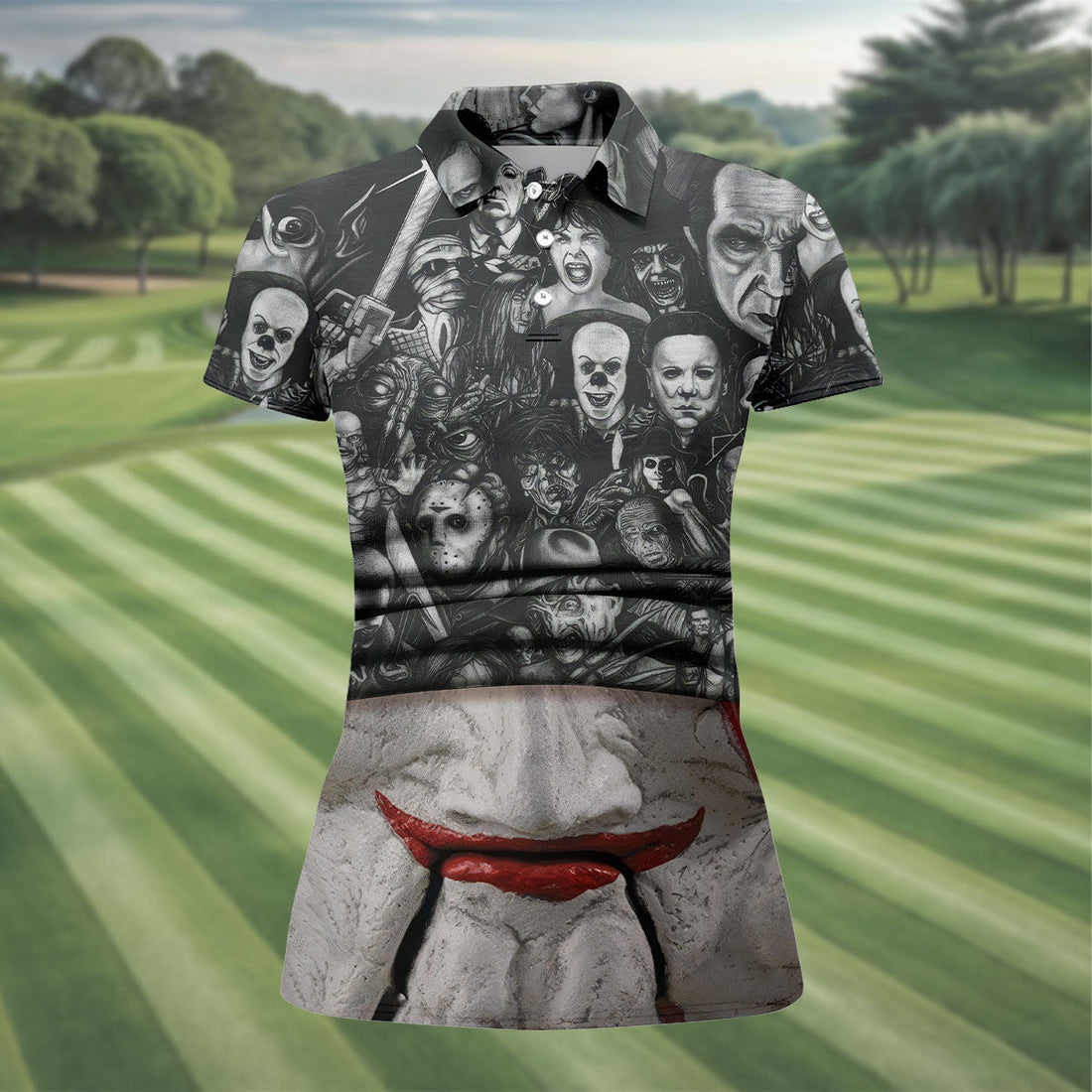 Red Smile Clown Horror Character Halloween Polo Shirt, Women's Golf Tops, Ladies Golf Top
