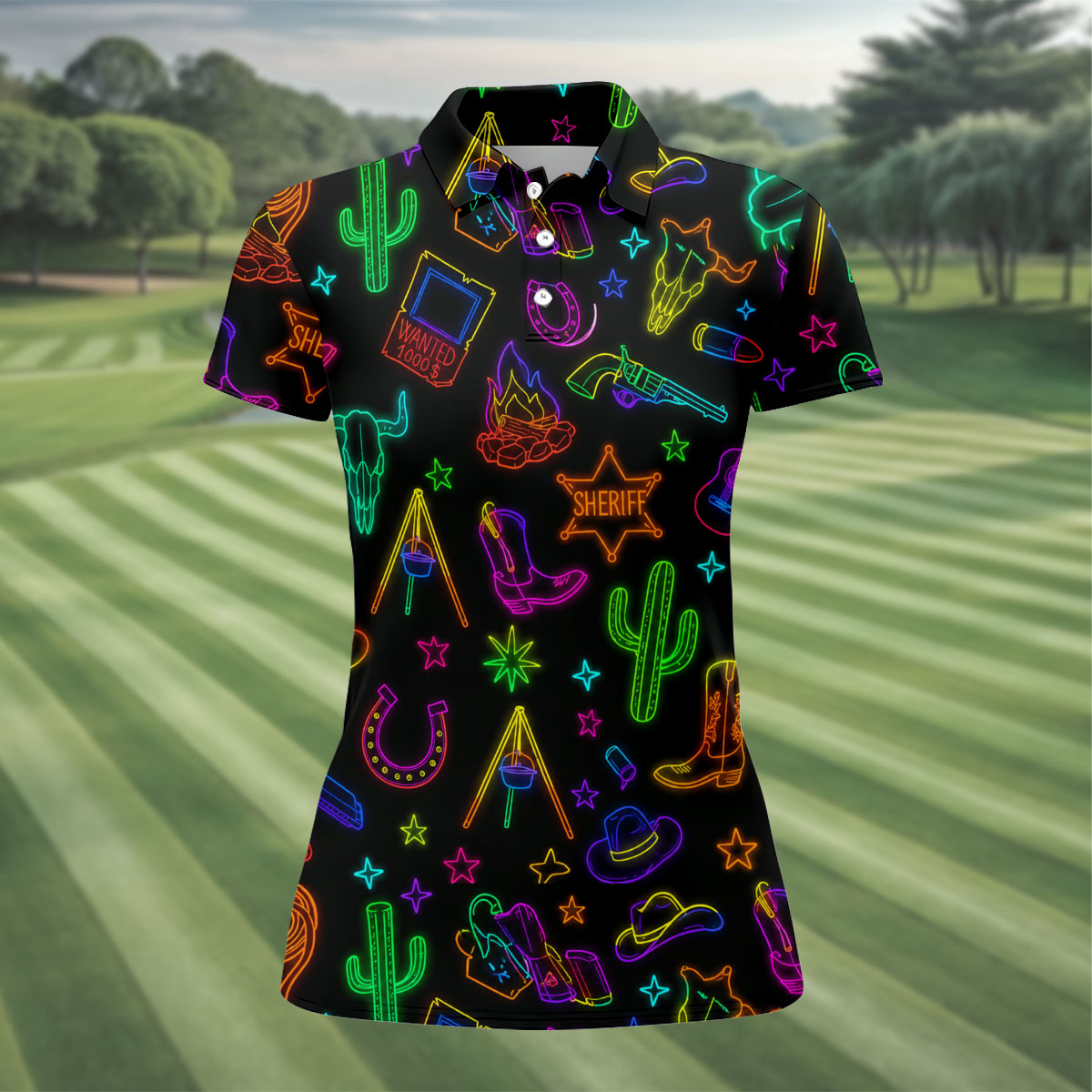 Neon Western Cowboy Pattern Golf Polo Shirt, Ladies Golf Shirts, Women's Golf Polo