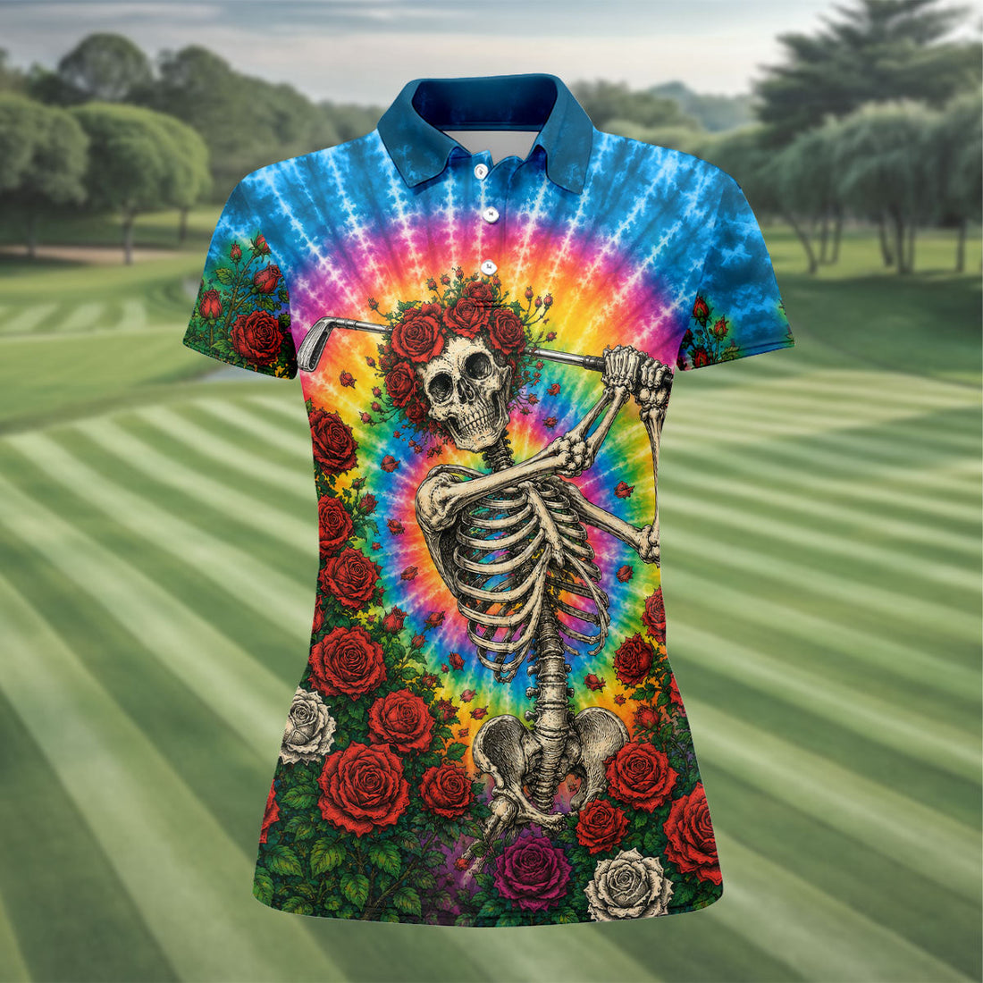 Rose Tie Dye Skeleton Golfer Halloween Polo Shirt, Womens Golf Tops, Printed Golf Shirt