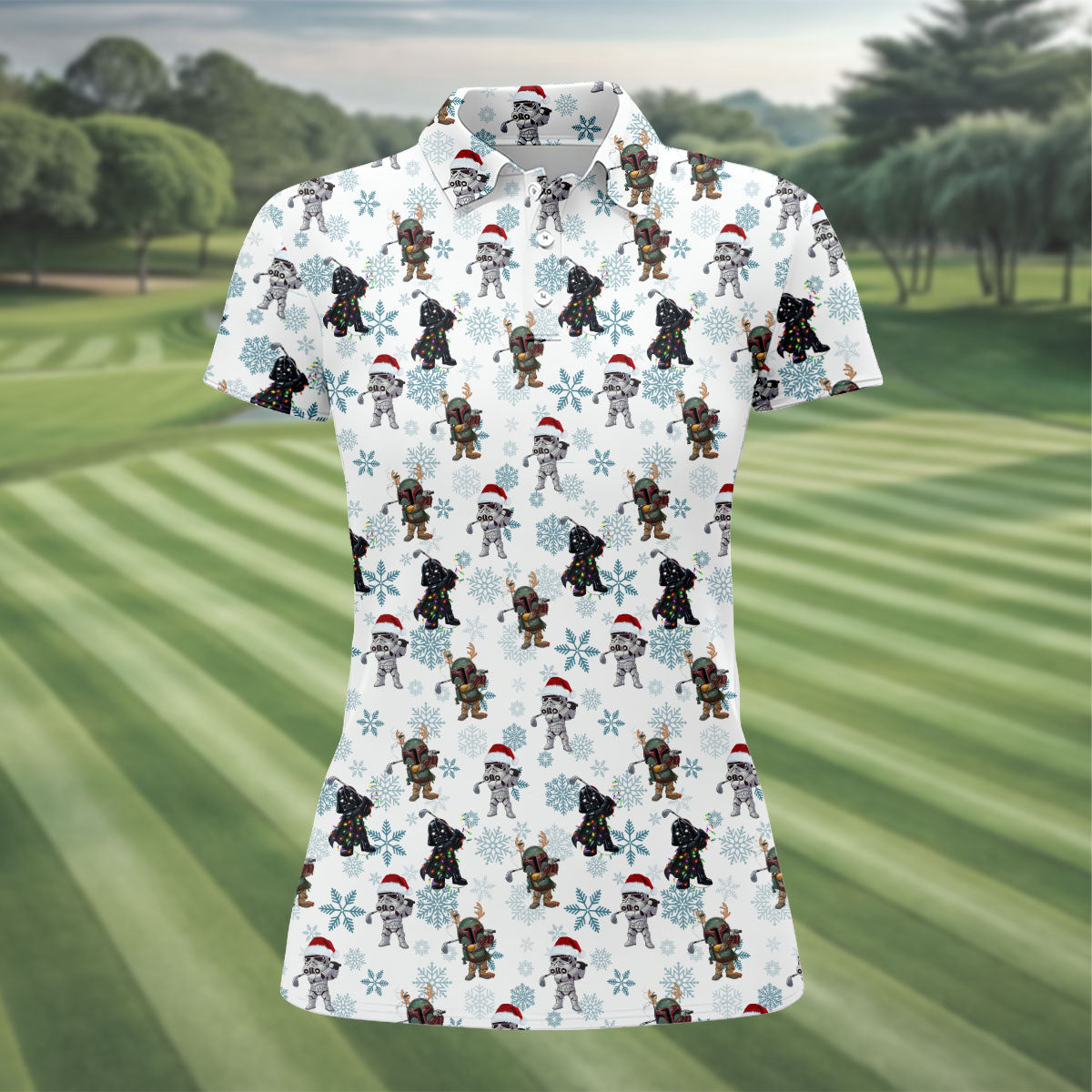Christmas Space Characters Pattern Polo Shirt, Golf Shirts For Women, Women’s Golf Apparel