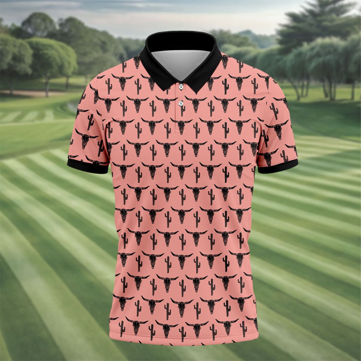 Longhorn Cow Skull Western Theme Peach Pink Golf Tops For Men, Polo Shirts For Men, Golf Shirts For Men
