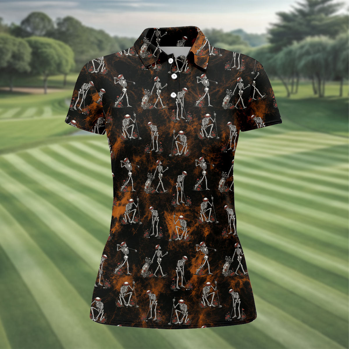 Skeleton Golfer Floral Halloween Polo Shirt, Hawaiian Golf Shirt, Ladies Golf Tops