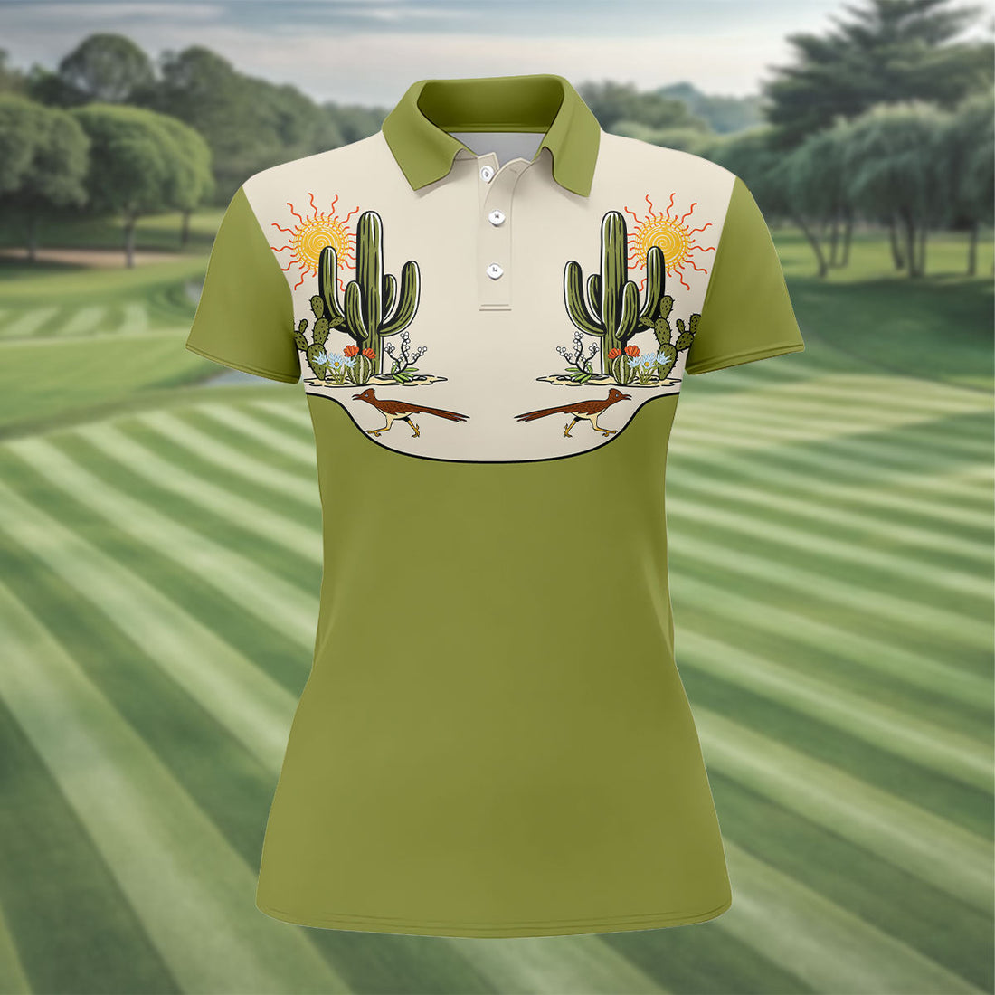 Desert Cactus Roadrunner Golf Polo Shirt, Ladies Golf Tops, Women's Golf Apparel