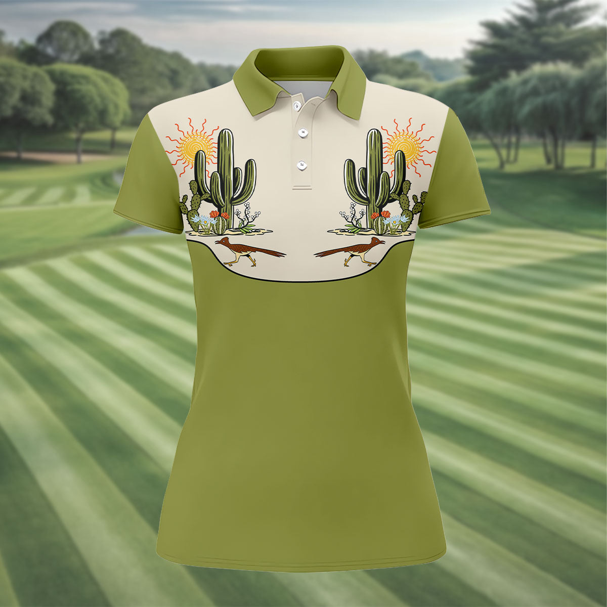 Desert Cactus Roadrunner Golf Polo Shirt, Ladies Golf Tops, Women's Golf Apparel