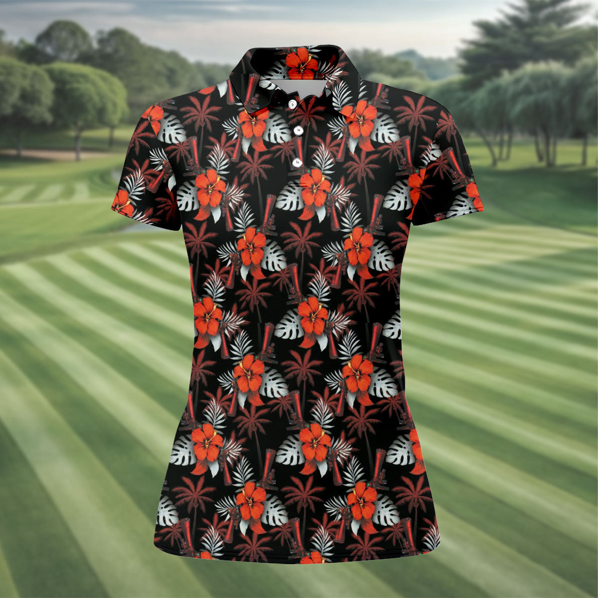 Orange Hibiscus Black Hawaiian Golf Shirt, Summer Vibe Golf Shirt For Women