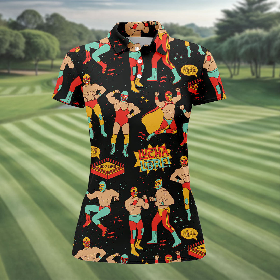 Black Lucha Libre Mexican Wrestler Pattern Golf Shirt, Ladies Golf Shirts, Golf Polo For Women