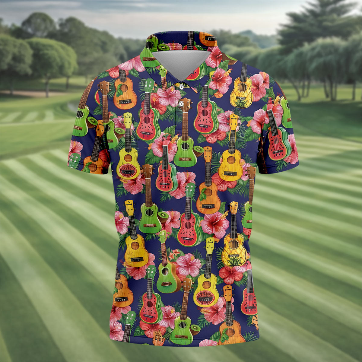 Tropical Ukulele Fruit Pattern 250 Retro Golf Shirt, Hawaiian Vibe Golf Shirts For Men