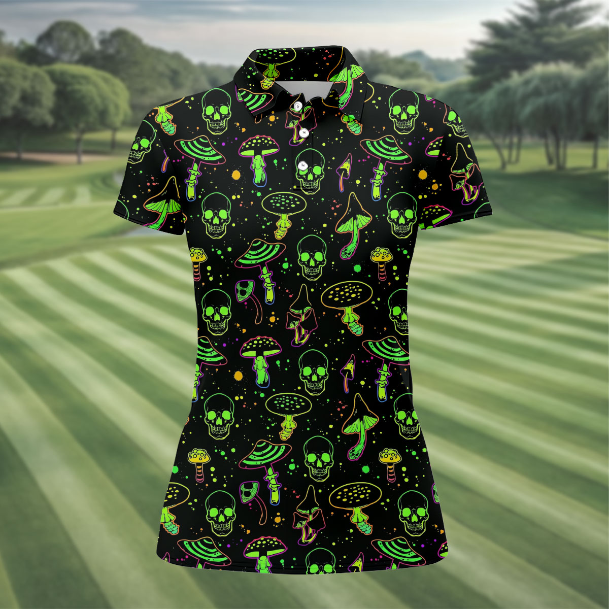 Mushroom And Skull Neon Pattern Hawaiian Golf Shirt, Fun Golf Shirt, Women's Golf Tops
