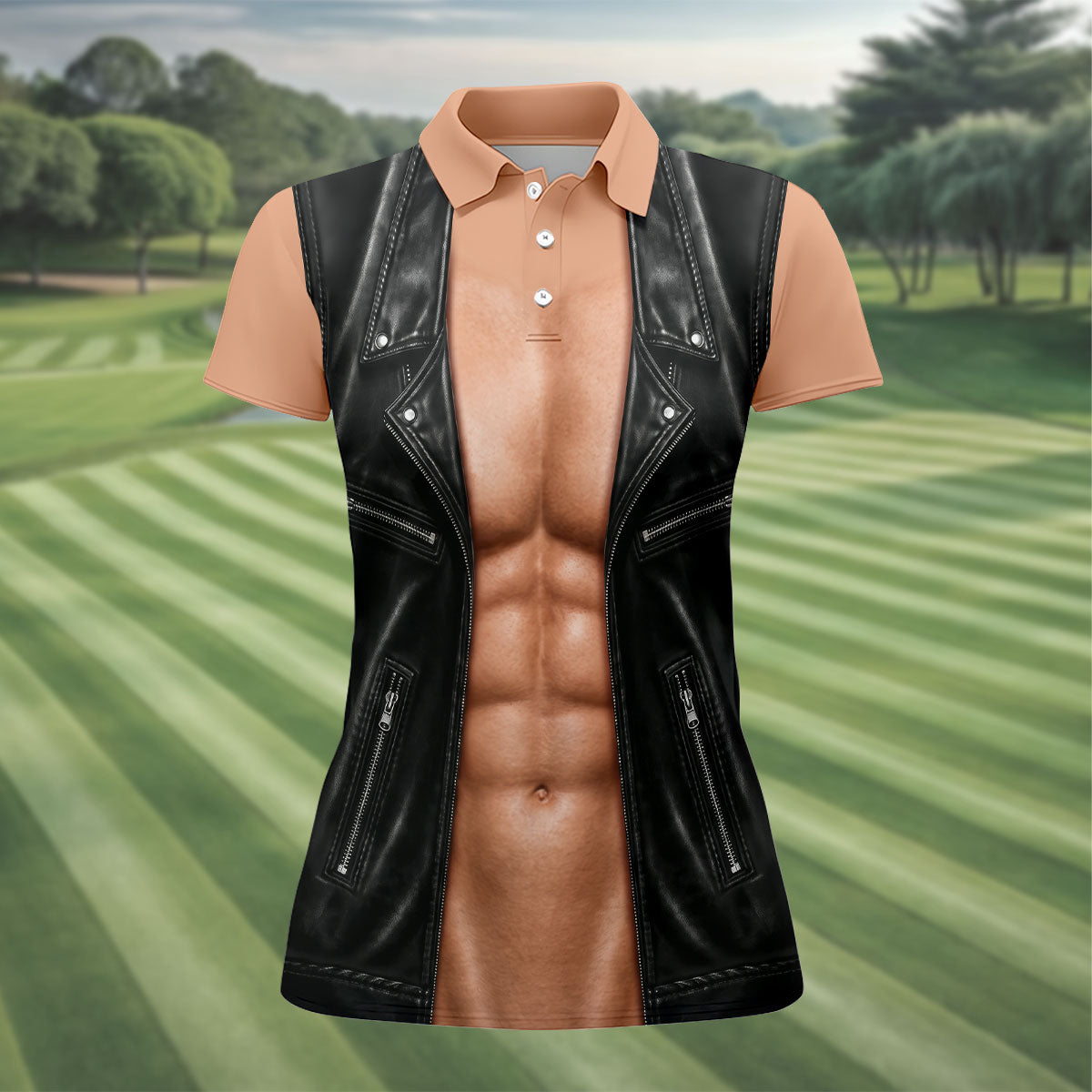 Black Leather Vest Illusion Golf Polo Shirt, Golf Shirts For Women, Women's Golf Polo