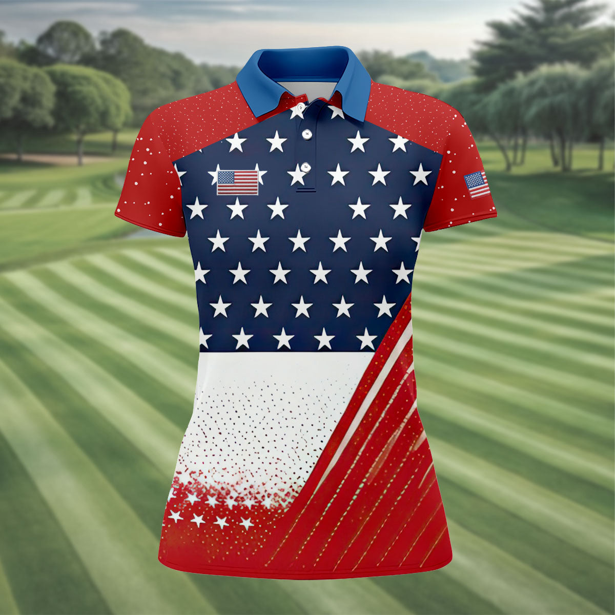 White Star Patriotic 4th Of July American Flag Golf Polo Shirt, Patriotic Golf Shirt, Golf Shirts For Women