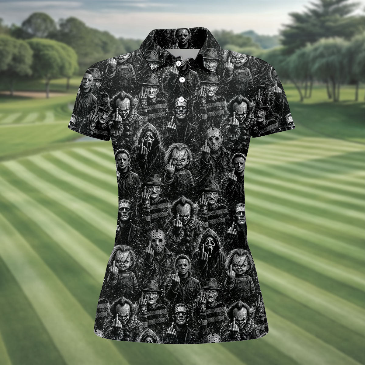 Horror Character Villains Pattern Golf Polo Shirt, Ladies Golf Tops, Golf Shirts For Women