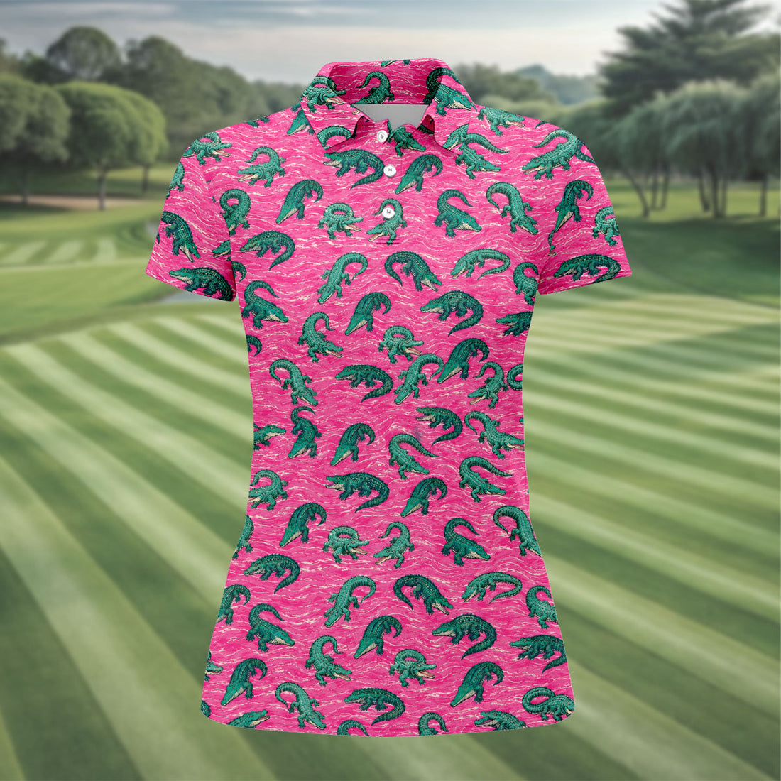 Alligator Pattern Golf Shirt, Pink Gator Print Men's Golf Polo, Polo Shirts For Women