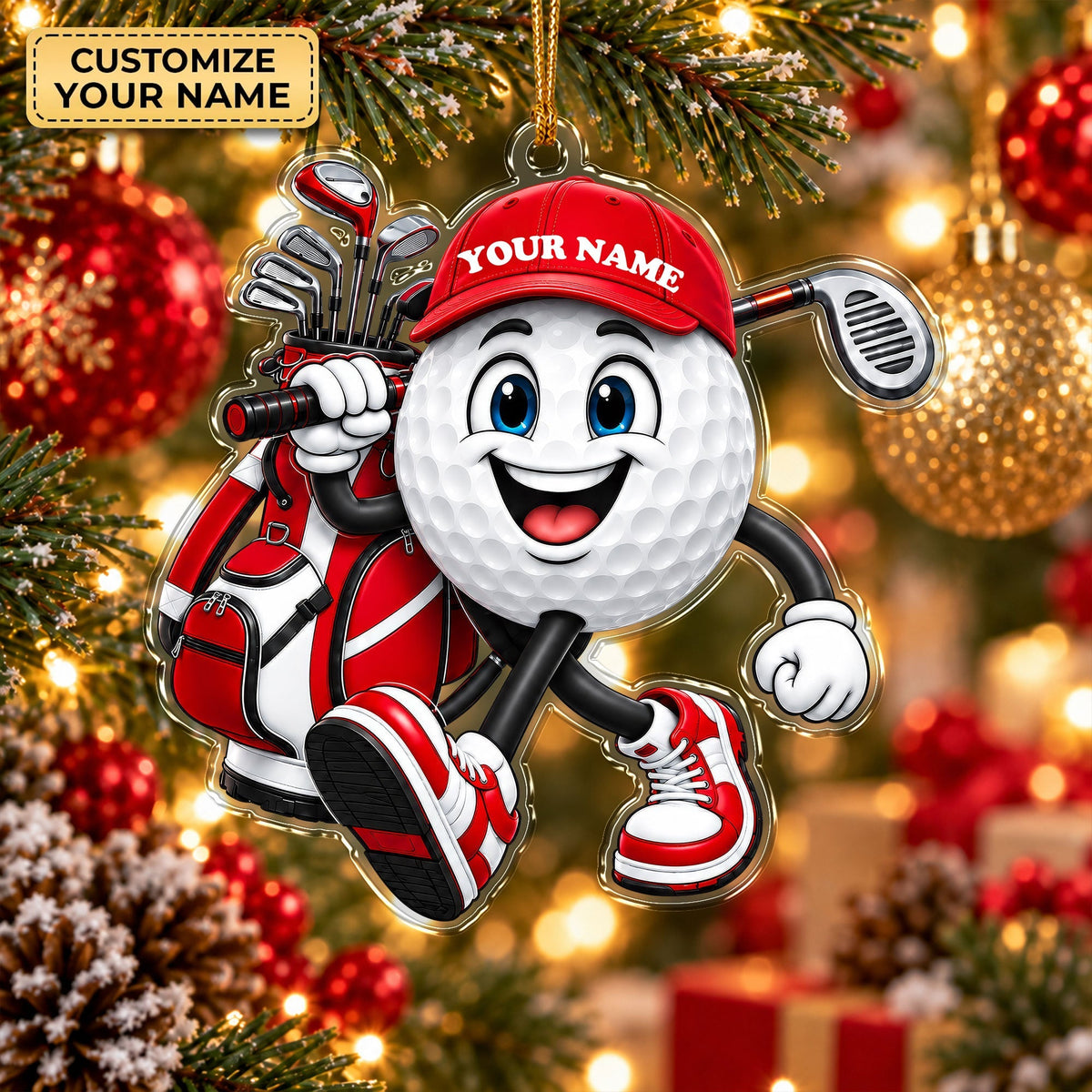 Custom Name Golf Ball And Club Acrylic Ornament, Golf Gifts, Christmas Decorations