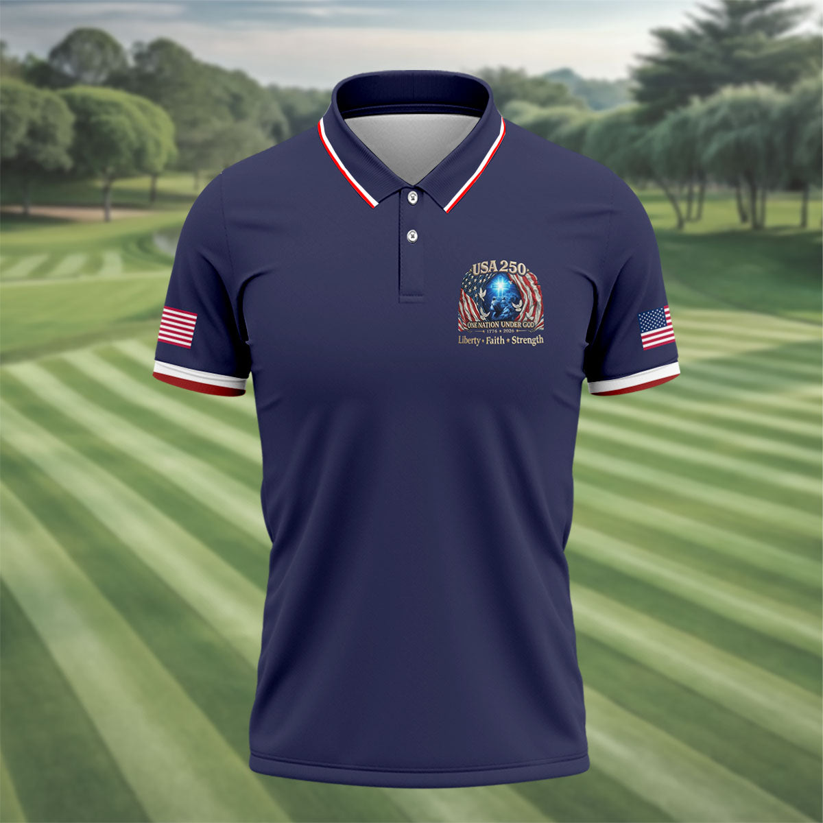 One Nation Under God Faith Cross USA 250 Logo Navy Golf Shirt, 4th Of July Golf Shirts For Men